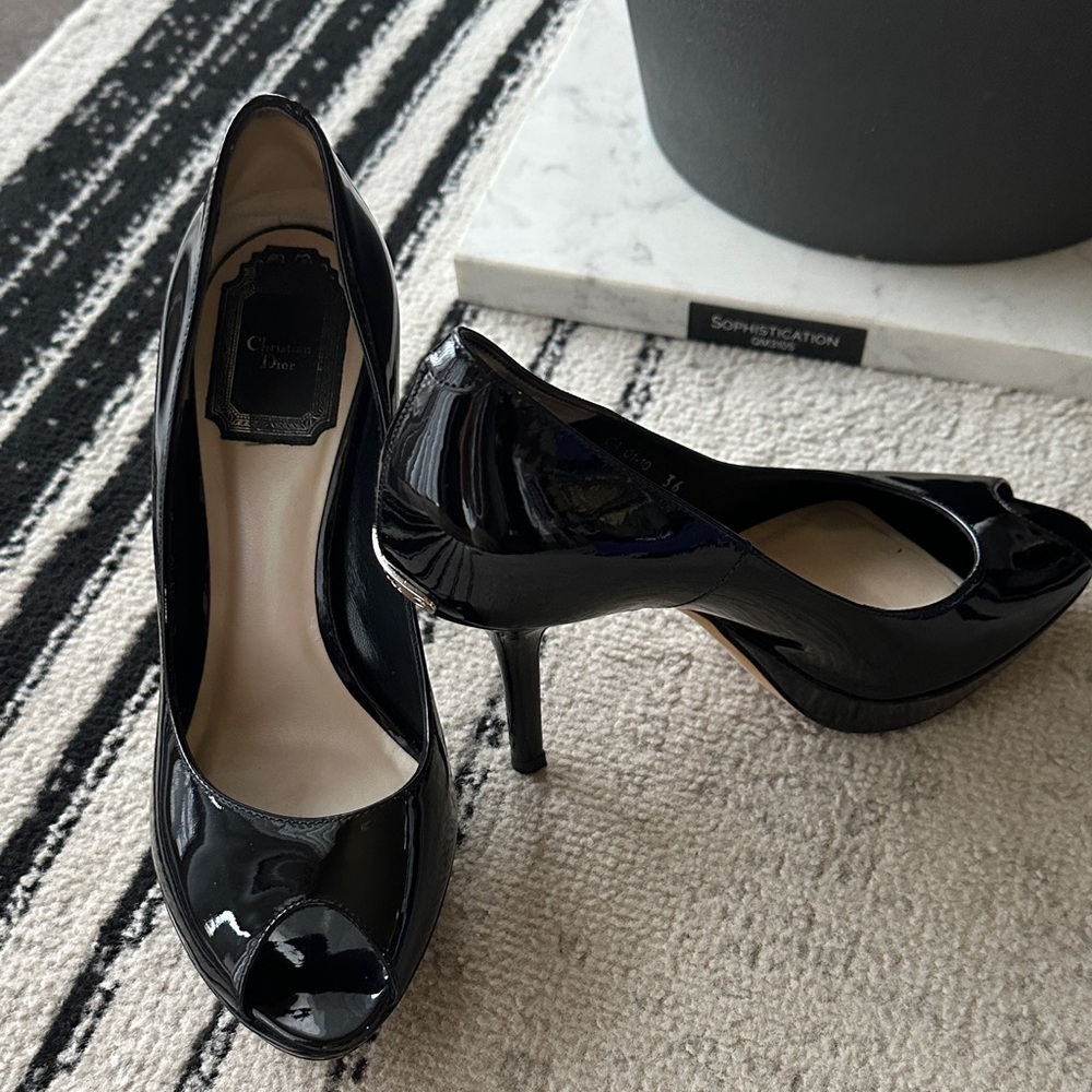 Dior Glossy Black Peep-Toe Heels
